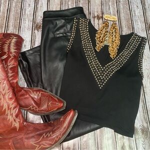 Black Studded V Neck Blouse